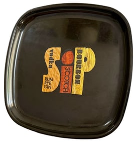 Vintage Inlayed Wood and Black Phenolic Resin Cocktail Tray by Couroc With Vodka Rum Rye Gin Scotch