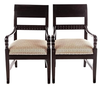 Vintage Upholstered Black Ebonized Wooden Armchairs, a Pair