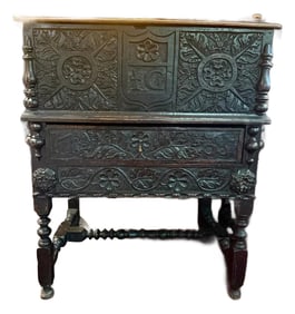 Superlative Example of an Antique 18th Century Carved Oak Bible Box on Matching Stand