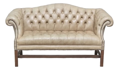 Late 20th Century Classic Leather Tufted Tan Leather Settee Chippendale Williamsburg Style