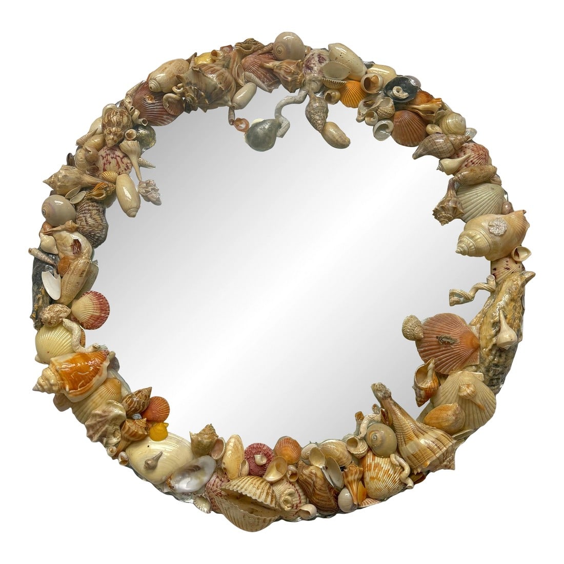 Antique Scalloped Frameless Circular Shelled Mirror: You can see the pretty scalloped edges of the antique mirror. The natural colored shells have been coated in something to protect them. This mirror is perfectly imperfect with excellent patina. No bro