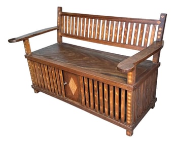 Early 20th Century Antique English Hall Bench With Wood Inlay and Lower Storage Compartment