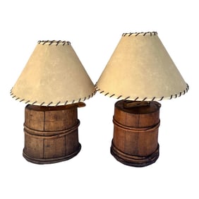 Pair of Antique Japanese Wooden Bucket Table Lamps