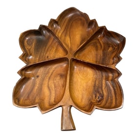 1970s Wooden Hand Carved Leaf Large Tray
