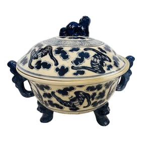 Chinese Porcelain Blue & White Tripod Censer Serving Bowl