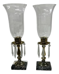 Vintage Marble Base Hurricane Globe Brass Candleholders Mantle Dining Table - A Pair