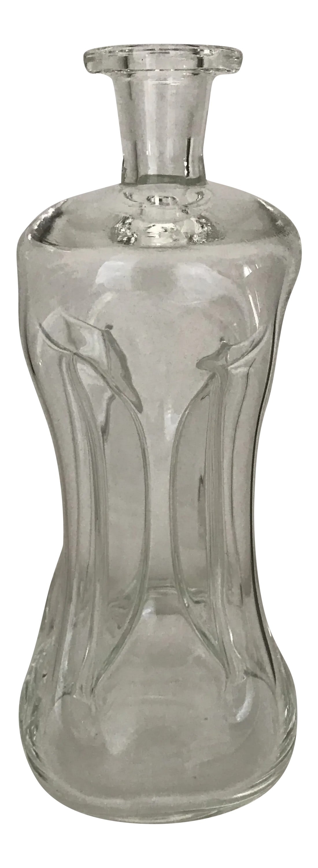 Vintage 1960s Holmegaard "Kluk Kluk" Clear Glass Decanter: Vintage 60s/70sHomegaard "Kluk Kluk" Clear Glass Decanter designed by Jacob Bang from Denmark Pinched clear decanter , Elinore pattern 11in H x 4in base 3in middle section Missing stopper. Condition: