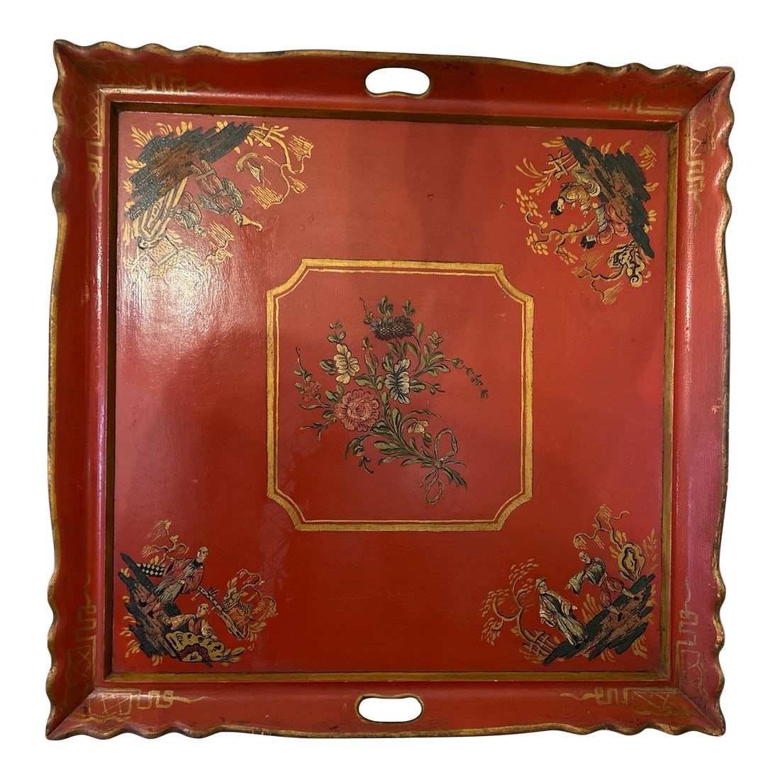 Early 20th Century Chinoiserie Tray: Gorgeous tomato red chinoiserie tray. It's square shaped with raised scalloped edges. It's trimmed in gold paint. Very chic on a wall, on an ottoman or as a tray table beside a sofa. Condition: Altera