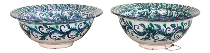 Spanish Antique Ceramic Bowls in Bird Motif - a Pair
