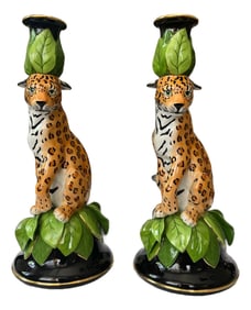 Vintage Pair of Signed Lynn Chase Jaguar Jungle Candlestick Candle Holders