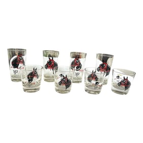 Vintage Libbey Black Horse Red Tack Racing Derby Highball and Rocks Drinking Glasses- 8 Pieces