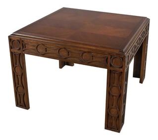 Vintage Modern Square Lane End or Side Table With Carved Leg Design & Chevron Veneer Top