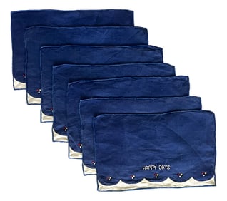 Set of 7 Vintage 1960s Hand-Embroidered "Happy Days" Linen Cocktail Napkins ‚Ã