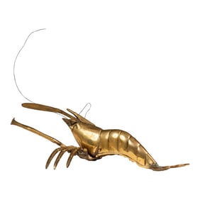 Mid-Century Modern Prawn / Shrimp Hanging Wall or Table Sculpture in Solid Brass, Usa, C. 1960s