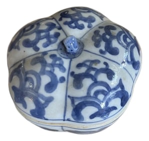 1970s Blue and White Pumpkin Style Ceramic Box