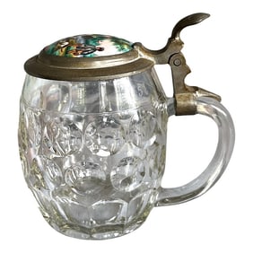Antique German Lidded Glass and Pewter Beer Stein with Hand-Painted Porcelain Hunting Scene and Crow