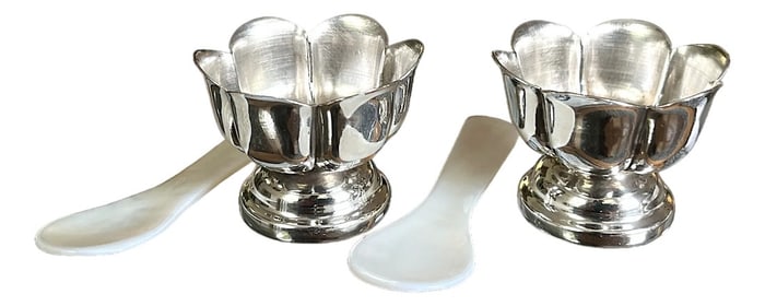 Vintage Mexican Sterling Silver Salt Cellars With Mother-of-Pearl Spoons ‚Ä