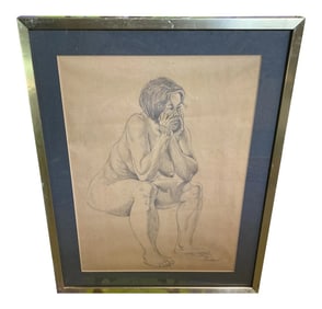 1970s Figurative Nude Pencil Sketch, Framed