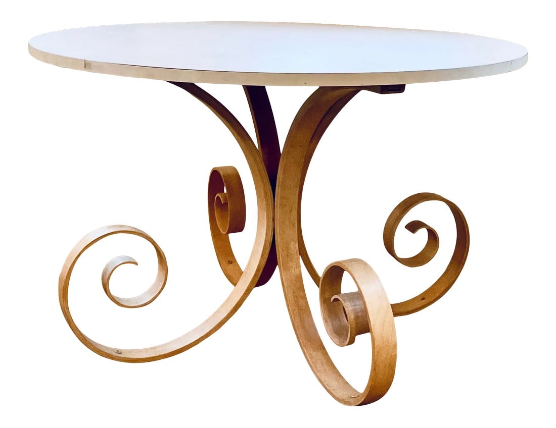 George Mulhauser for Plycraft "Scroll" Round Dining Table: Classic vintage George Mulhauser for Plycraft "Scroll" dining table circa 1960s. This extraordinary table was constructed with laminated maple bentwood with a Formica top. Condition: Alterations: Orig