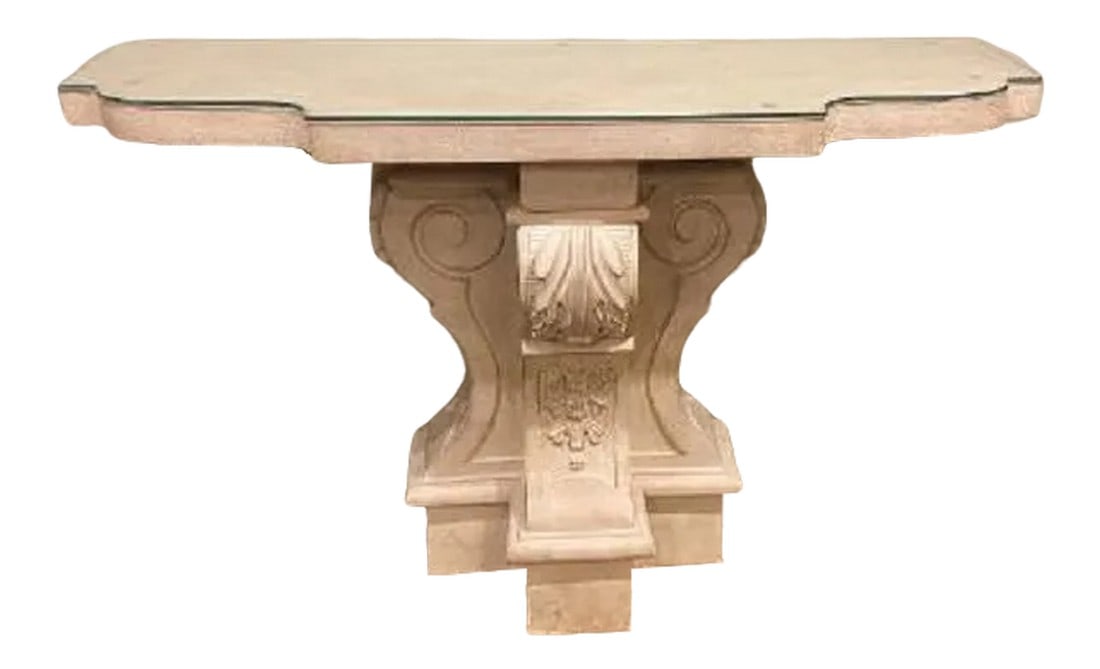 Vintage White Cosole: Vintage white composition architectural console table. The color tends to be on the cream spectrum giving it an aged appearance. Has a glass on top if wanted. Condition: Alterations: Original Conditio