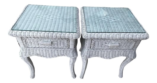 Vintage Henry Link Style White Woven Rattan/Wicker Glass Top Side Tables - a Pair