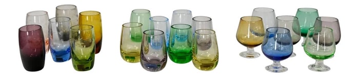 Vintage Set of 21 Blown Glass Multi Color Small Cocktail Snifters Cordials or Shot Glasses 3 Sizes