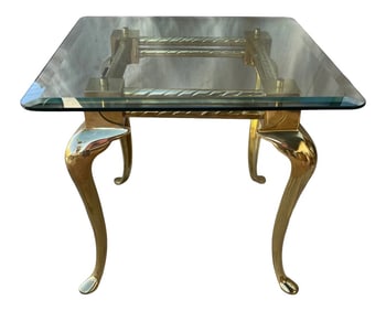 Vintage 70's Brass Cabriole Leg Glass Top End Table