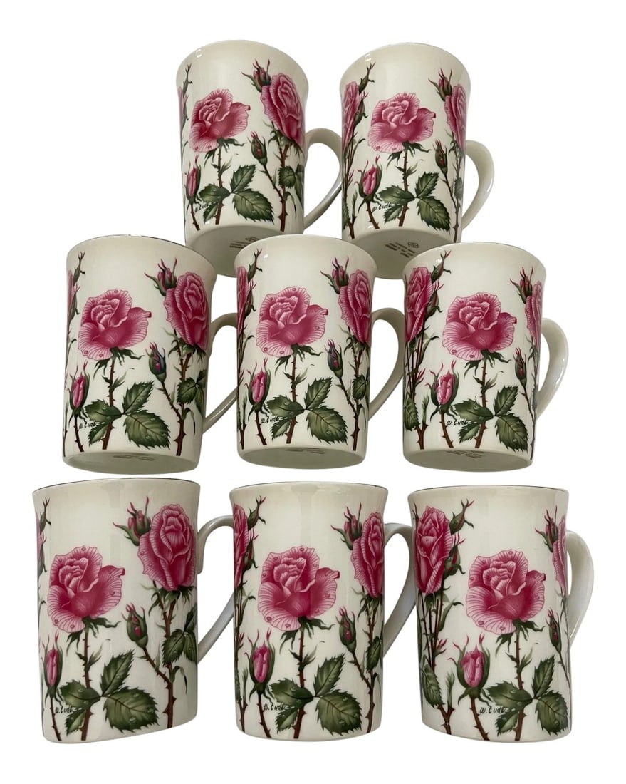 Otagiri Set of 8 Pink Rose W/24k Gold Rim Coffee/Tea Cups: Vintage Otagiri Japan Pink Rose Print w/24K Gold Rim Coffee/Tea Cups a Set of 8 Such a pretty coffee cup, love the bright pink and green leafs. 24k gold rim. All signed on bottom. Great to mix and mat