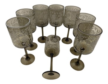 Set of 8 Etched Floral Smoked Color Wine Glasses