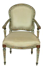 Antique Polychrome Armchair in Green Silk Ticking Stripe