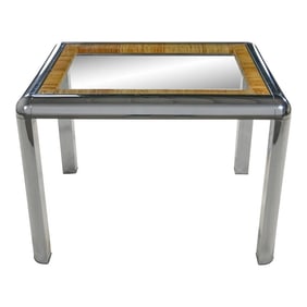 Vintage Modern Rectangular Chrome Glass & Wrapped Rattan Side Table Attributed to Dia