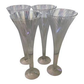 1980s Iridescent Crystal Swirl Champagne Flutes- Set of 4
