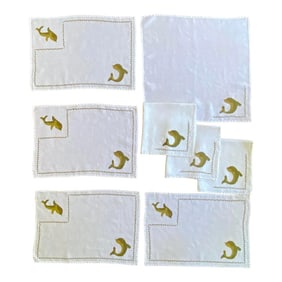 Vintage 1960s Needlepoint Dolphin Motif Linen Placemats and Dinner Napkins Set- 8 Pieces