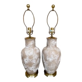 Mid-Century Ginger Jar/Vase Raised Butterfly Motif Table Lamps - a Pair