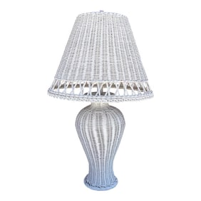 Vintage Boho Shabby Chic White Wicker Table Lamp With Shade