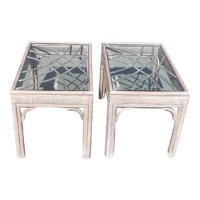 Vintage Whitewash Bamboo Glass Top Side Tables - a Pair