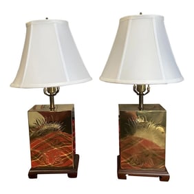 1970s Brass Box Lamps With White Lamp Shades - a Pair