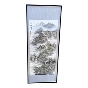 Mid 20th Century Chinese Calligraphy Ink Drawing Scroll Painting of the Great Wall, Framed