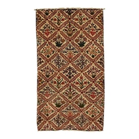 Antique Persian Oriental Hand Woven Wool on Cotton Diamond Leaf & Floral Rug Wall Hanging