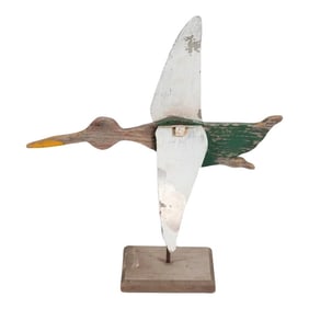 Vintage Painted Tin and Carved Wood Duck Whirligig on Stand