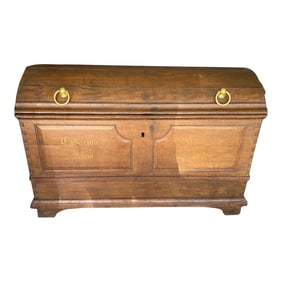 1858 Oak Domed Dowry Trunk With Forged Iron Hinges & Ring Handles and Dovetailed Joints