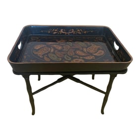 1990s Black Laquer Paisley Decorated Tray Side Table