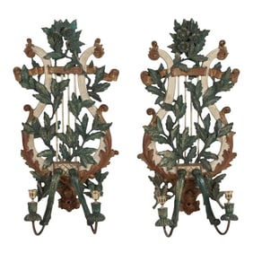 Late 19th Century Italian Carved and Painted Wood Candle Sconces - a Pair