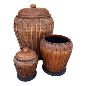 Trio of Lidded Boho Woven Rattan Nesting Containers-Set