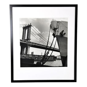 1990s Anchored Ship and Historic Bridge Original Photograph, Framed