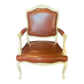 Louis XV Style Caramel Leather White Painted Armchairs -A Pair