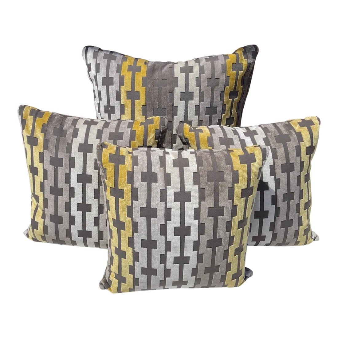 Contemporary Greige/Yellow/Geometric Print Throw Pillows- Set of 4: Beautiful Set of 4 Geometric Print Throw Pillows in grey, beige, yellow and cream. Perfect for a pop of color on a bed or couch. Used for staging. 1 large-26x26 3 small-20x20 Condition: Alterations: O