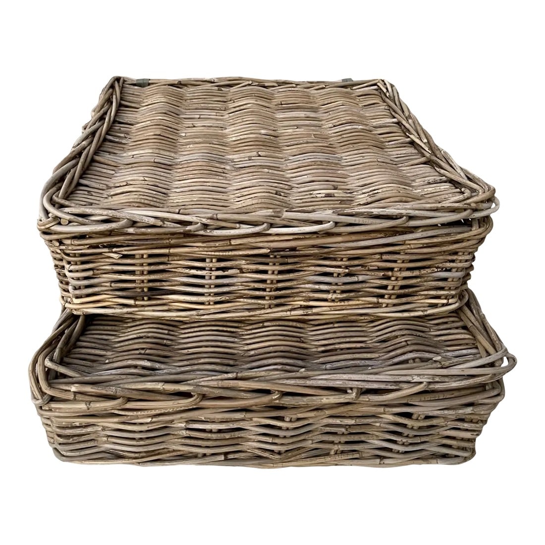 Rustic European Greige Woven Rattan Lidded Basket-A Pair: Rustic European Greige Woven Rattan Lidded Basket, Square w/lid that ties on back. perfect for stacking under a console table or next to a chair with a coffee table book and candle on top. Perfect for