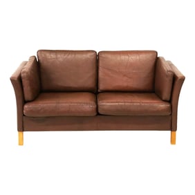 Mid-Century Modern Leather Settee Sofa Attributed to Mogens Hansen