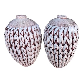 Pair of 2 Woven Palm/Rattan Urn Shape Basket Vase's